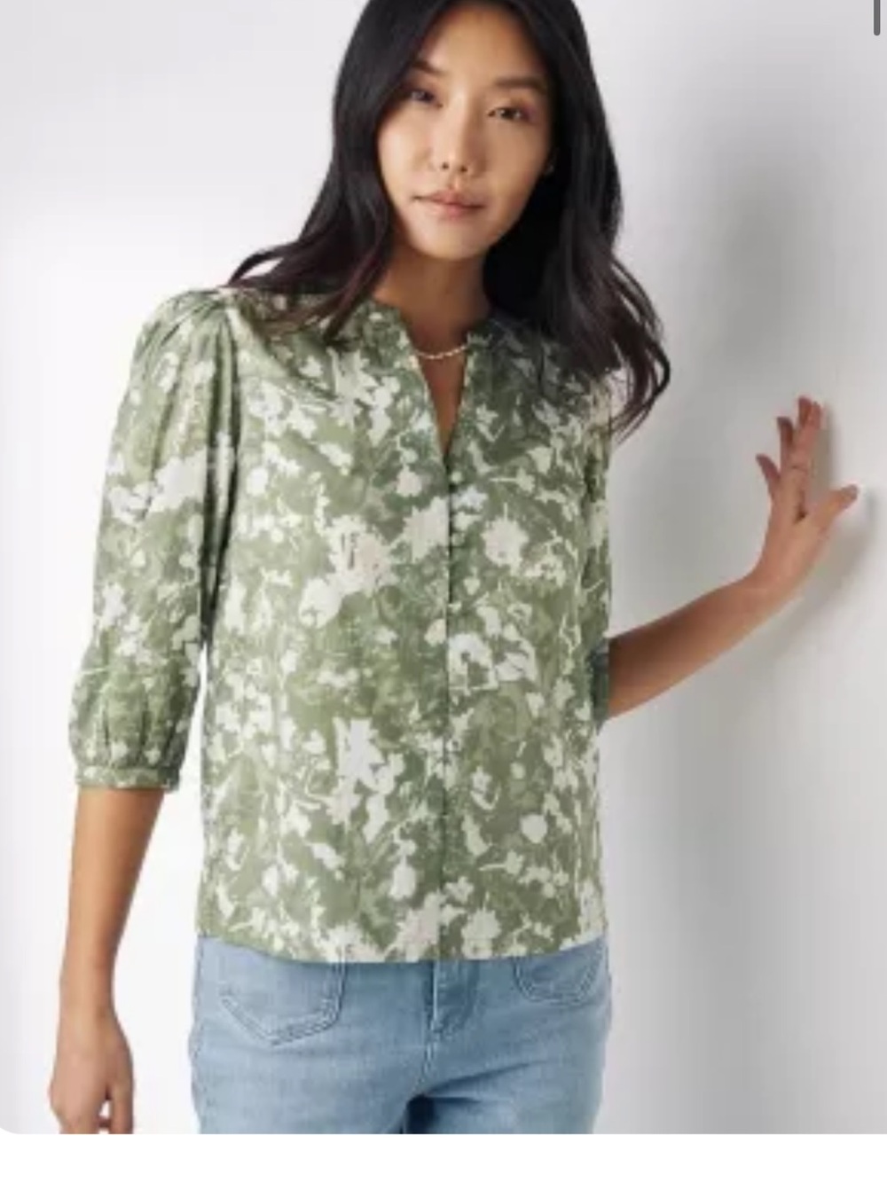 FatFace UK Olive Green & White Printed Puff-Sleeve Blouse